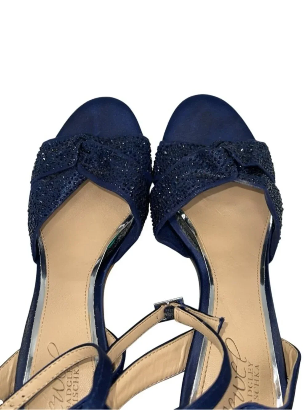Jewel Badgley Mischka Nicoline Rhinestone Heeled Sandals 8 US Navy Satin